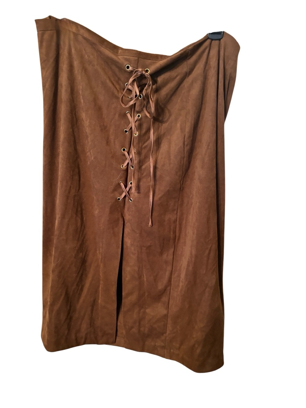 Brown Faux Suede Lace-Up Midi Skirt/slit up front